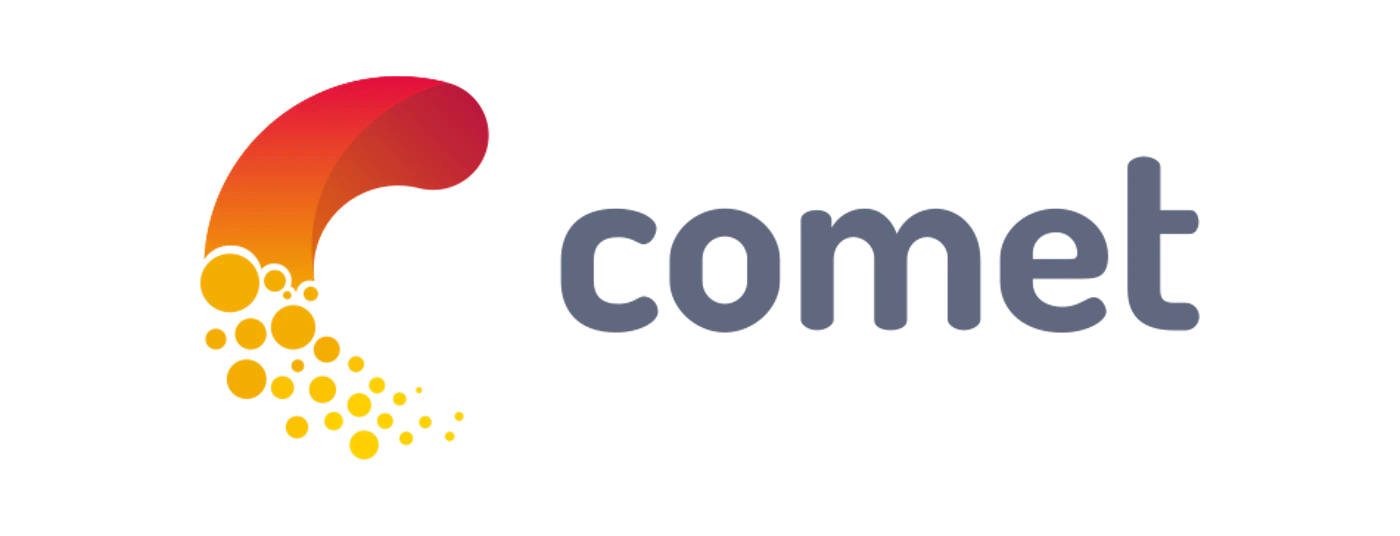 (Logo) A logo featuring a stylized 'C' or comet-like graphic with a red-orange gradient and trailing yellow circles, positioned to the left of the word 'comet' in dark gray lowercase letters on a black background. Text: comet Colors: #8B1F3C, #E05D1E, #F9B800, #5F697C Note: This image combines a distinct graphic symbol with a brand name, designed to represent a company or product, which is the primary characteristic of a logo.