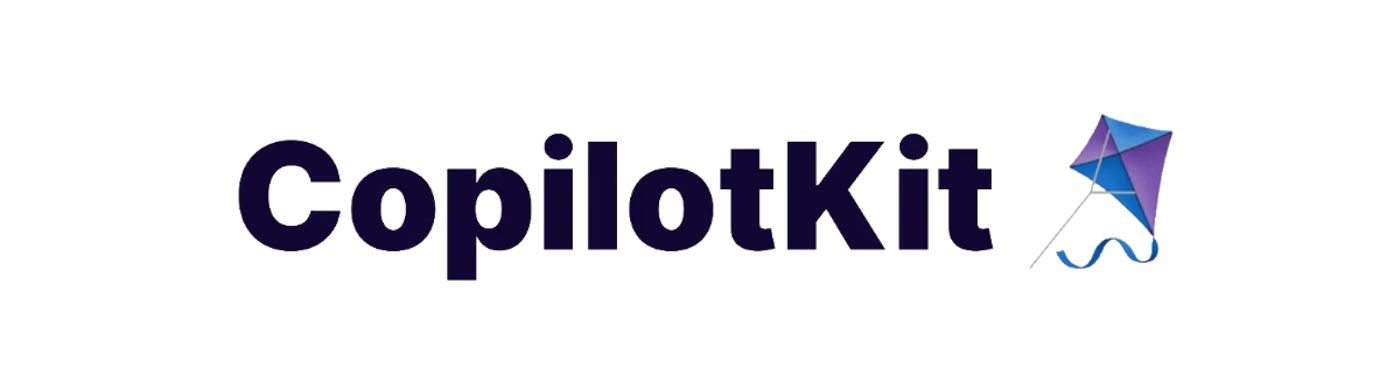 (Logo) A logo featuring the word "CopilotKit" in dark indigo text, accompanied by a stylized geometric kite graphic on the right side. The kite is colored in shades of blue and purple with a white outline and a trailing ribbon. Text: CopilotKit Colors: #333366, #4A90E2, #8E44AD Note: This image combines a distinct brand name with a unique graphic element, functioning as a recognizable identifier for a company or product, which is the primary characteristic of a logo.