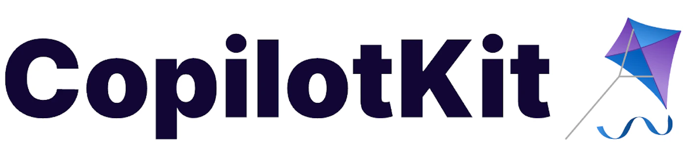 (Logo) A logo featuring the brand name 'CopilotKit' in bold, dark text, accompanied by a stylized graphic of a kite colored in shades of blue and purple. Text: CopilotKit Colors: #211A40, #4C40D4, #2A8DEB, #FFFFFF Note: The image consists of a company name rendered in a specific typeface alongside a distinct graphic mark (a kite), intended for brand identification, classifying it as a logo.