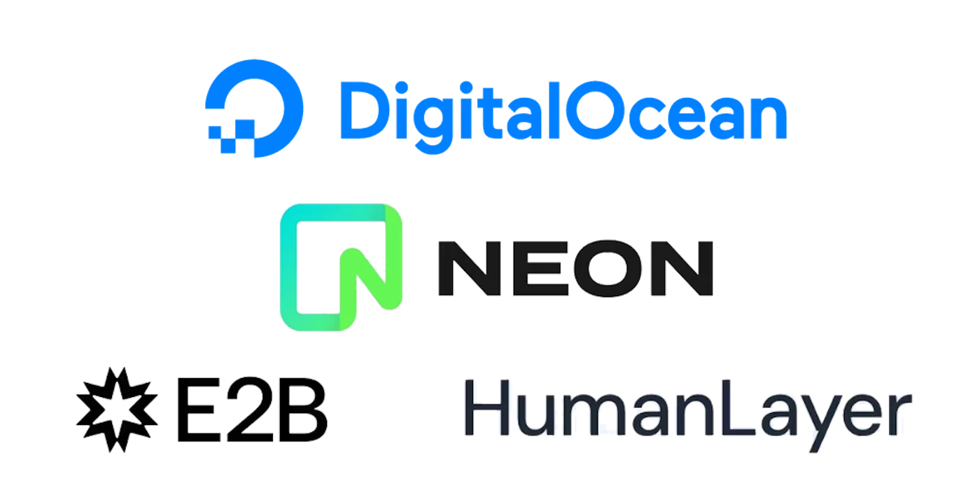 (Other) The image displays a collection of logos for different companies, including DigitalOcean, Neon, E2B, and HumanLayer. Text: DigitalOcean NEON E2B HumanLayer Note: While individual elements could be classified as logos, the image as a whole isn't a single logo, banner, or any other listed category. It's a collection of logos presented together.