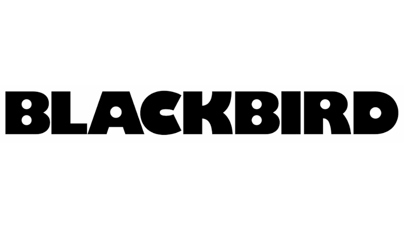 (Logo) A wordmark logo displaying the capitalized word 'BLACKBIRD' in a heavy, rounded white typeface centered within a horizontal white strip against a solid black background. Text: BLACKBIRD Colors: #FFFFFF, #000000 Note: The image is a stylized, typographic representation of a single word, functioning as a wordmark designed for brand identification, classifying it as a logo.