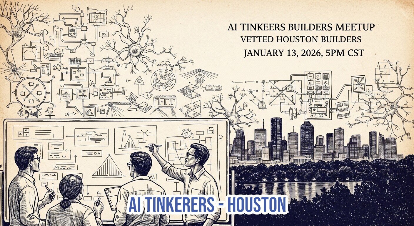 This is a promotional graphic for the "AI Tinkers Builders Meetup" in Houston, featuring detailed technical line drawings of neurons and circuitry, a sketch of the Houston skyline, and four figures collaborating around a large screen or whiteboard.. Text: AI TINKEERS BUILDERS MEETUP
VETTED HOUSTON BUILDERS
JANUARY 13, 2026, 5PM CST
AI TINKERERS - HOUSTON