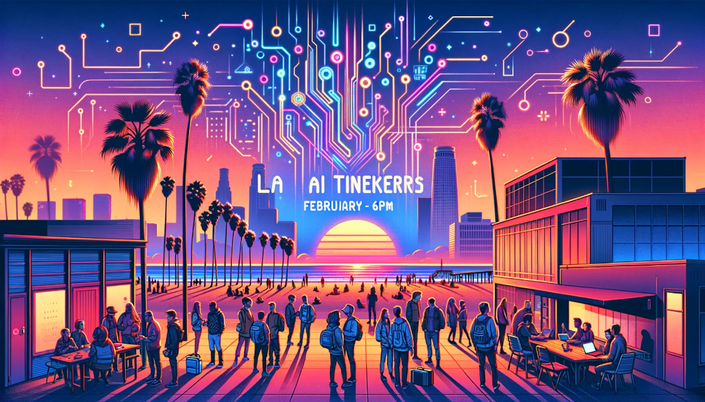 (Illustration) An illustration of people gathered on a beach boardwalk at sunset, with a backdrop of a cityscape and a stylized circuit board design. Text: LA AI TINEKERRS FBRUARY - 6PM retro, futuristic | Colors: #FF69B4, #00FFFF, #FFD700, #8A2BE2 Note: The image is a stylized drawing of a scene, not a photograph, and it's not a logo or banner in the traditional sense.  It appears to be promotional material, but its primary purpose is visual storytelling.