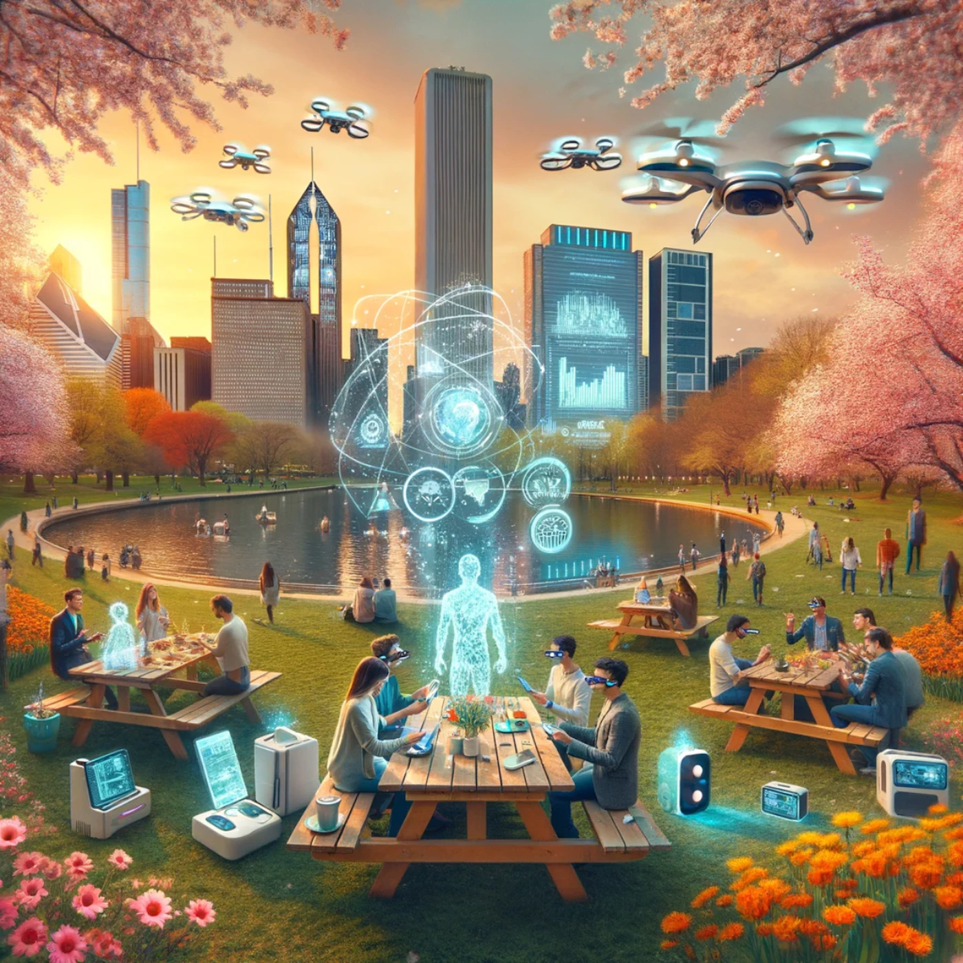 (Illustration) An illustration depicting a futuristic park scene with people using advanced technology like VR headsets and holographic projections, set against a backdrop of a modern cityscape. 3D Note: The image is a clearly drawn and stylized depiction of a futuristic scenario, indicating it's an artistic creation rather than a photograph or other image type.