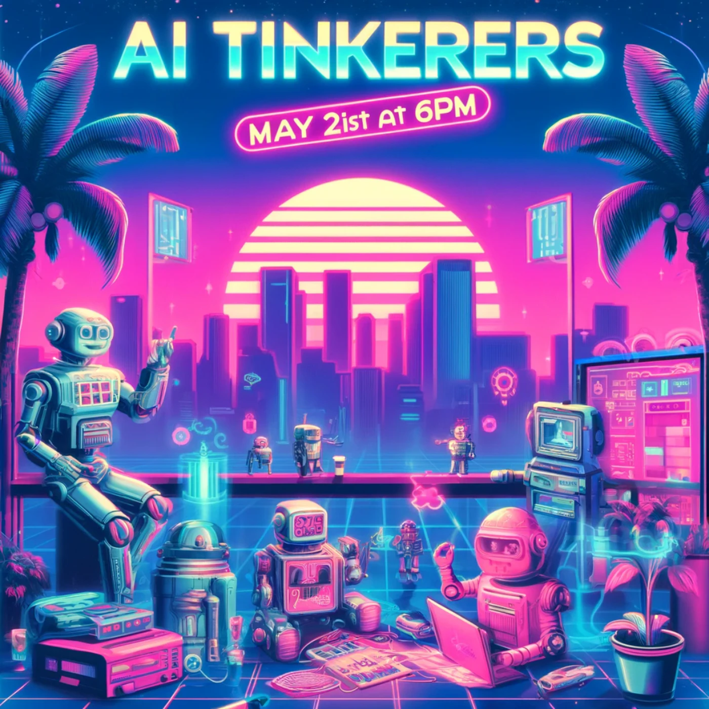 (Illustration) An illustration depicting a group of robots in a futuristic, vaporwave-inspired cityscape. Text: AI TINKERERS MAY 21st At 6PM vaporwave | Colors: #ff69b4, #00ffff, #ffcc00 Note: The image is a digitally created artwork depicting a scene with robots and a cityscape, making it an illustration.