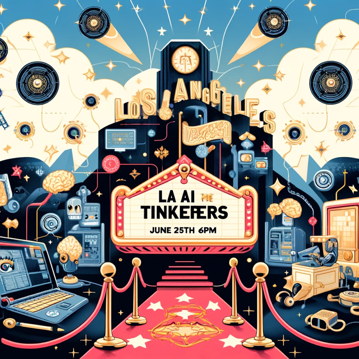 (Illustration) An illustration advertising an event called LA AI Tinkerers in Los Angeles on June 25th at 6 PM. Text: LOS ANGELES LA AI HE TINKEFERS JUNE 25TH 6PM Retro-futuristic | Colors: #2A74B4, #D9261C, #F2EBC7, #1A1A1A Note: The image is a stylized, artistic rendering promoting an event. It uses drawn elements and creative imagery, clearly falling under the category of illustration.
