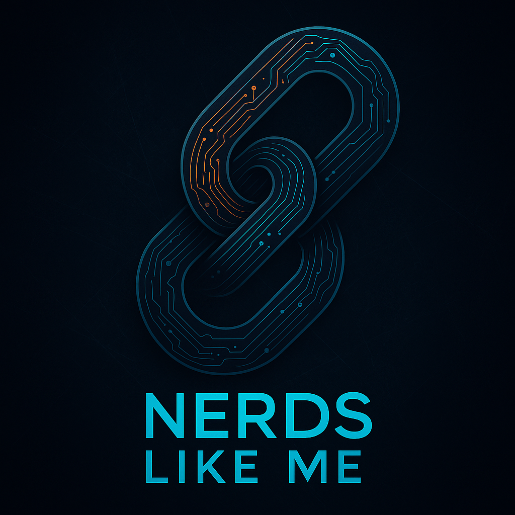 (Logo) A dark, tech-themed image featuring two interlocking chain links designed with circuit board patterns, positioned above the bright blue text 'NERDS LIKE ME'. The overall design is sleek and modern. Text: NERDS LIKE ME #0d141e | #2cb1c1 | #e88d3e | Colors: #0d141e, #2cb1c1, #e88d3e Note: The image combines a distinctive graphic element with prominent text, clearly designed to represent a brand or identity, which is characteristic of a logo. It functions as a visual identifier for 'NERDS LIKE ME'.