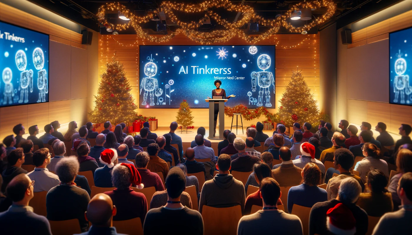 (Photo) A speaker presents to a large audience in an auditorium decorated for the holidays.  The presentation screen displays the title "AI Tinkerss" and stylized robot figures. Text: AI Tinkerss Milner Nerd Center people, presentation | indoor, auditorium | large audience, holiday decorations, presentation screen | wide shot Note: This image appears to be a photograph of a real-world event, capturing a presentation in a decorated auditorium.  While the robot figures on the screen are illustrations, the overall image is a photographic representation of a scene.
