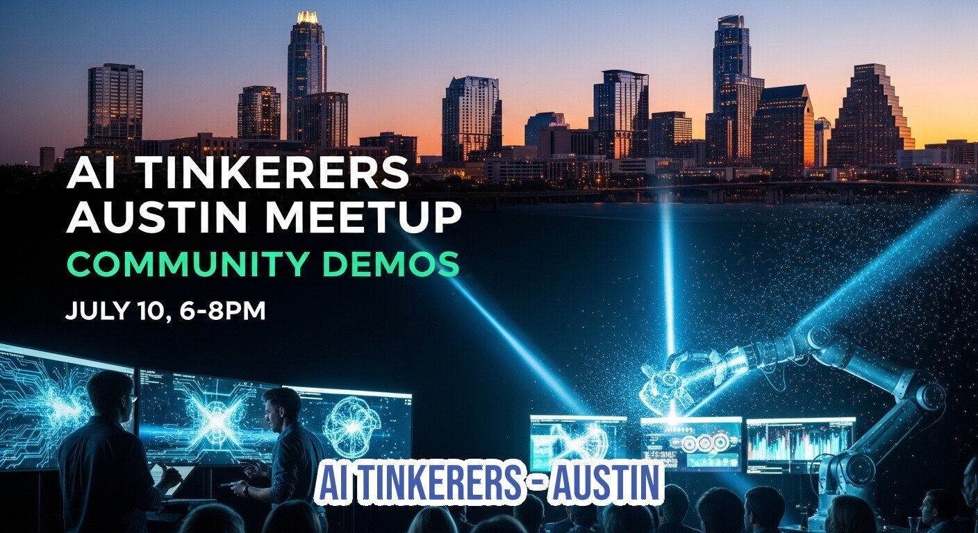 A promotional banner advertising the 'AI Tinkerers Austin Meetup Community Demos,' featuring the Austin skyline at dusk above a futuristic scene of people watching glowing screens and a robotic arm.. Text: AI TINKERERS AUSTIN MEETUP COMMUNITY DEMOS JULY 10, 6-8PM AI TINKERERS - AUSTIN