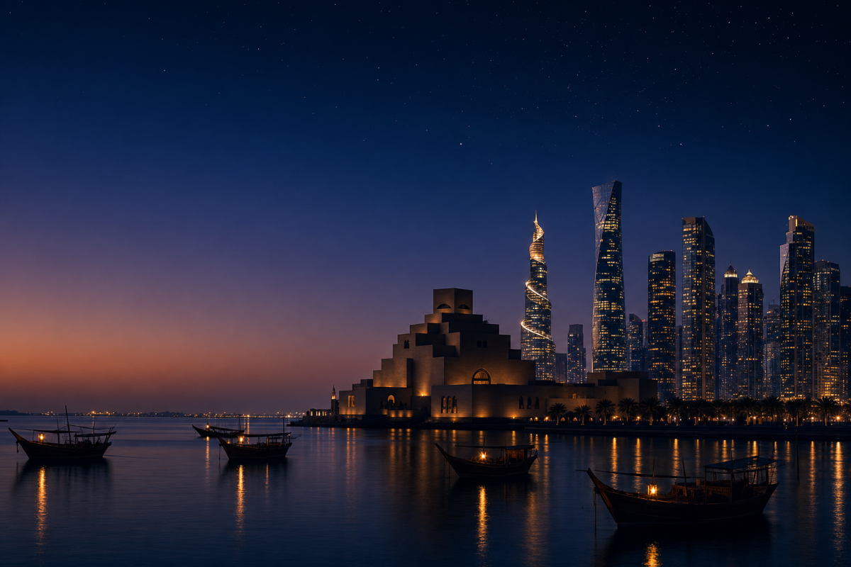 A stunning night photograph of the Doha skyline featuring the Museum of Islamic Art, modern skyscrapers, and traditional dhow boats reflected in the water under a starry sky.