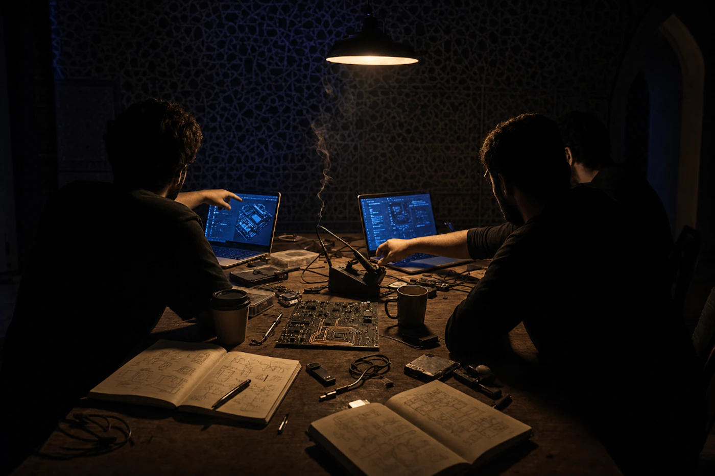 (Photo) Three people are seen from behind, gathered around a table in a dimly lit room, working on electronics, circuit boards, and laptops under a single hanging lamp. people working on electronics | indoor, dimly lit workshop | low-key lighting, circuit boards, laptops, notebooks with diagrams, soldering iron smoke | cinematic, candid | Colors: #0e0e0e, #3b2416, #1c2e4a Note: The image is a realistic photograph capturing a live scene with human subjects, physical objects, and complex lighting and textures.