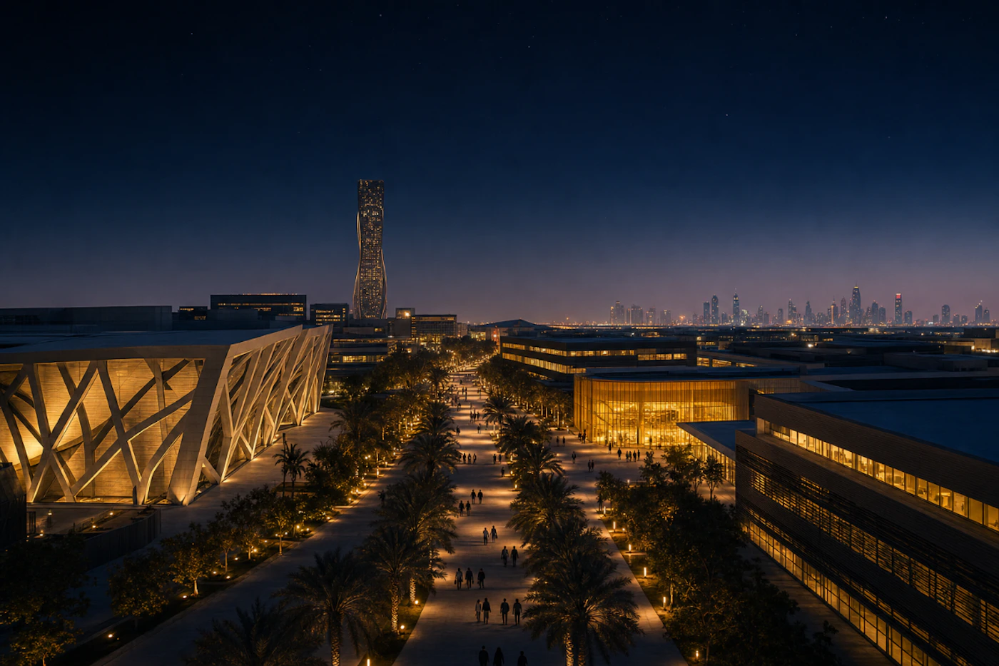 (Photo) A nighttime aerial view of a modern urban walkway lined with palm trees and illuminated by warm lights, leading toward a distant city skyline with a prominent twisted skyscraper. cityscape | outdoor | palm-lined walkway, twisted skyscraper, distant skyline, night lighting, modern architecture | landscape photography | Colors: #0b1021, #f2a83e, #2b2e36 Note: The image is a realistic photograph of a real-world location, capturing a scene with naturalistic lighting, depth of field, and architectural details.