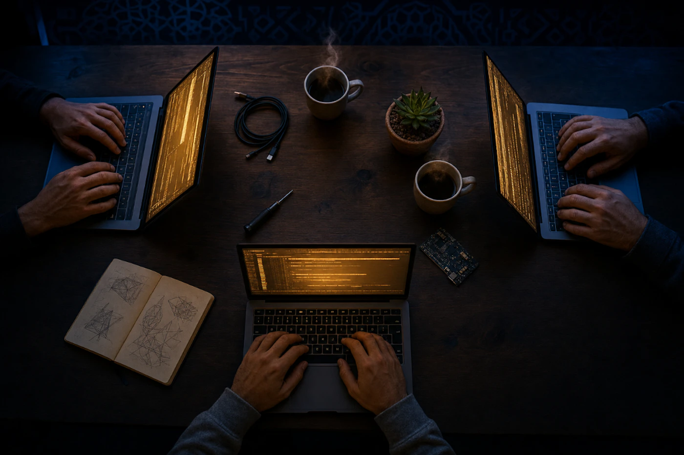 (Photo) A top-down view of three people coding on laptops at a dark wooden table, surrounded by coffee, a plant, and various tools. Text: [unreadable] people working on laptops | indoor, dark room | top-down perspective, multiple laptops, steaming coffee, coding, warm amber lighting | candid, dark, moody | Colors: #121212, #ffb000, #4e342e Note: The image is a high-quality photograph capturing a real-life scene with realistic lighting, depth, and physical objects.