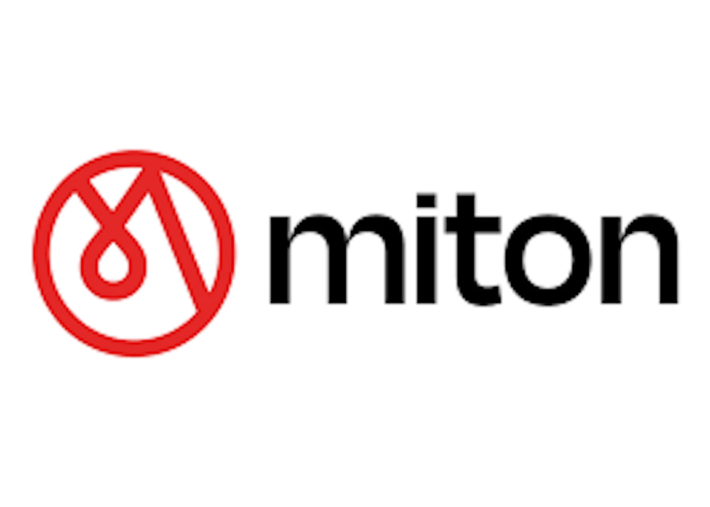 (Logo) The image displays a corporate logo featuring a red circular graphic element on the left and the brand name 'miton' in black lowercase letters on the right, all set against a white background. Text: miton Colors: #E02020, #000000, #FFFFFF Note: The image consists of a distinct graphic mark combined with a stylized brand name, designed for brand identification and recognition, which fits the definition of a logo.