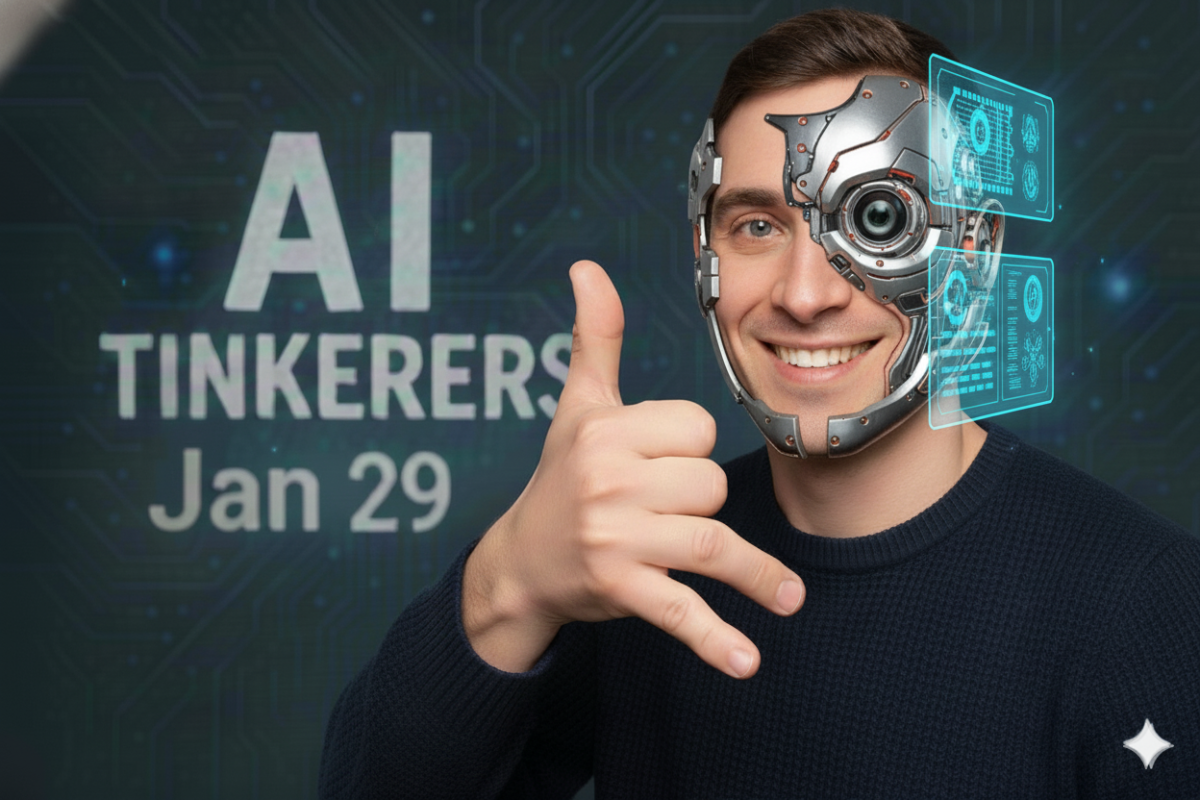 A promotional image featuring a man with a digitally added cyborg faceplate and holographic displays, giving a hand gesture, overlaid with large white text promoting an event or group.. Text: AI
TINKERERS
Jan 29