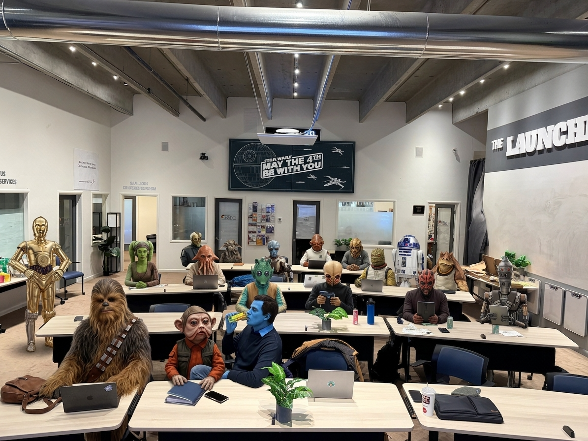 A group of people dressed in various Star Wars character costumes and masks are seated at desks in a modern office or classroom setting, with C-3PO standing to the left.. Text: THE LAUNCH
STAR WARS MAY THE 4TH BE WITH YOU
SAM LICKIN CONFERENCE ROOM
SABIC
SERVICES