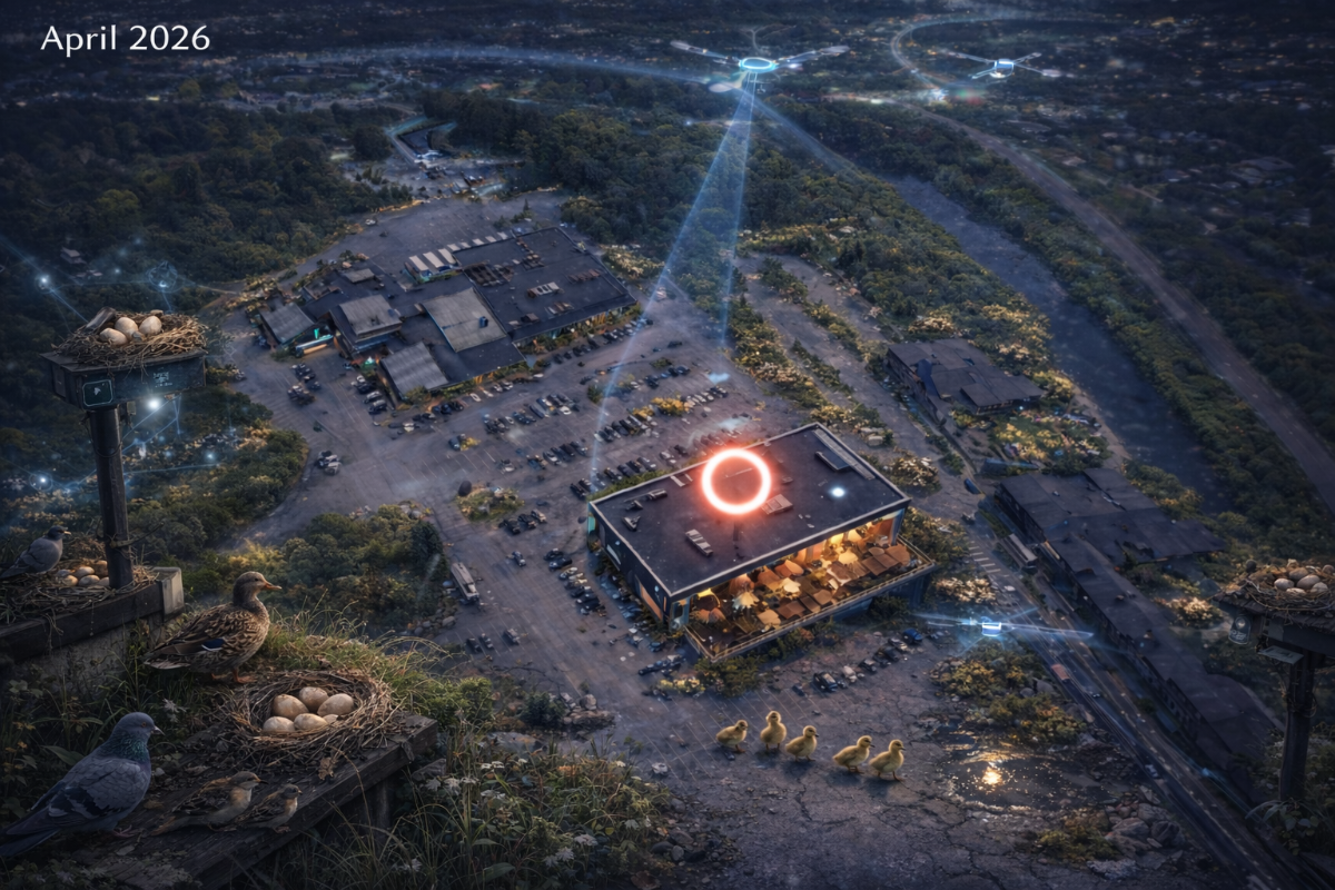 A futuristic aerial view of an overgrown building complex at night, featuring drones with blue light beams and birds nesting in the foreground.. Text: April 2026