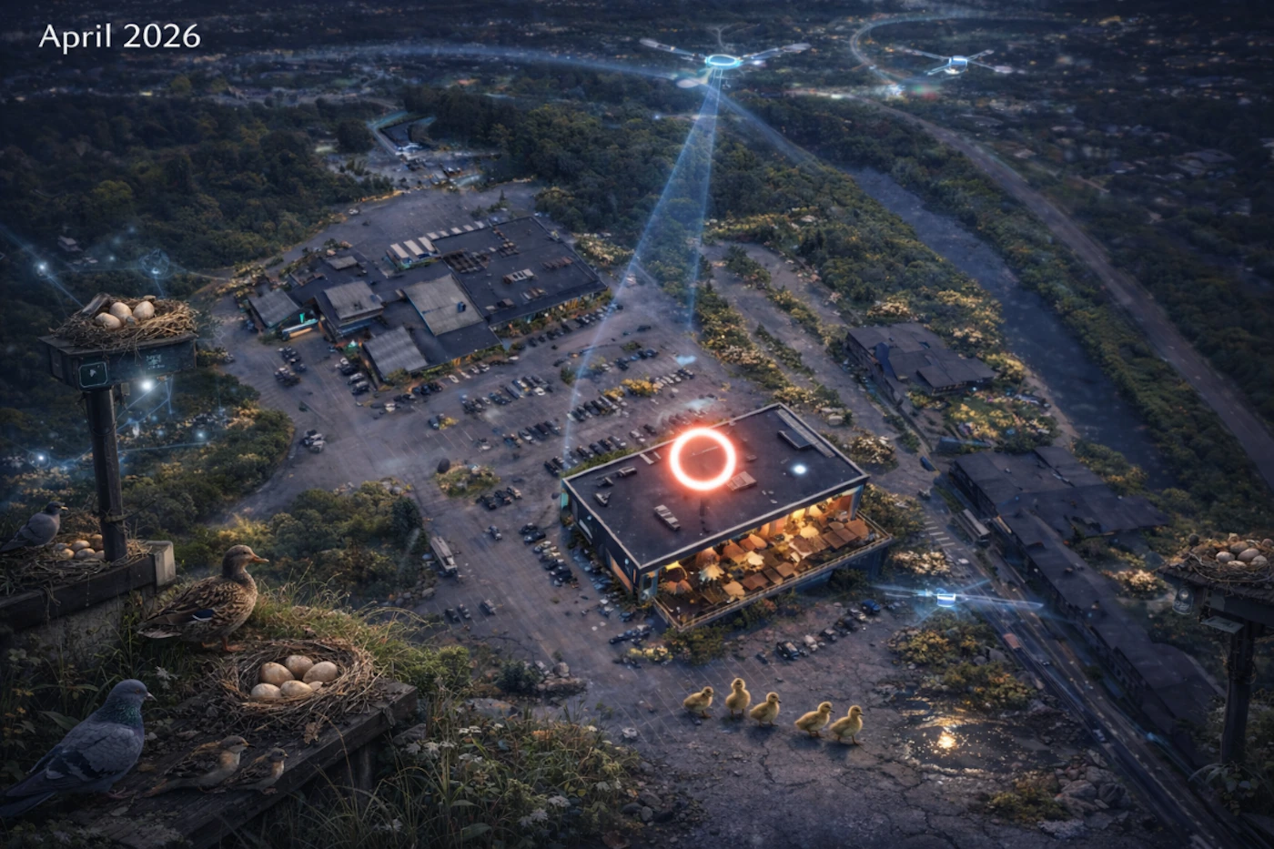 (Illustration) A futuristic aerial view of an overgrown building complex at night, featuring drones with blue light beams and birds nesting in the foreground. Text: April 2026 cinematic | Colors: #1a1c2c, #2d3436, #ff4d4d, #00d2ff, #4b4b4b Note: The image is a digital creation depicting a futuristic scenario with drones and glowing symbols, which are characteristic of concept art or digital illustration rather than a real photograph.