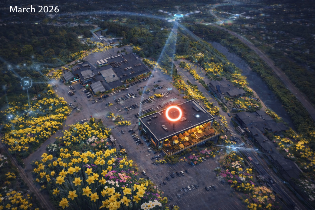 An aerial digital illustration depicts a futuristic urban landscape where large parking lots and commercial buildings are heavily overgrown with bright yellow and pink flowers, featuring glowing blue data lines and an orange ring structure on a rooftop.. Text: March 2026