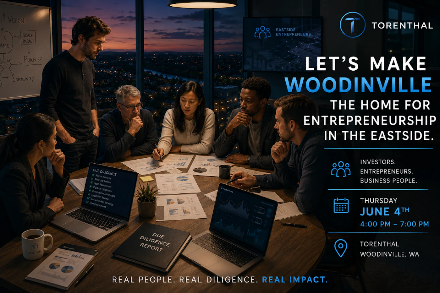(Banner) A promotional event banner featuring a group of diverse professionals collaborating around a table at night, overlaid with details for an entrepreneurship event. Text: TORENTHAL. EASTSIDE ENTREPRENEURS. LET'S MAKE WOODINVILLE THE HOME FOR ENTREPRENEURSHIP IN THE EASTSIDE. INVESTORS. ENTREPRENEURS. BUSINESS PEOPLE. THURSDAY JUNE 4TH 4:00 PM - 7:00 PM. TORENTHAL WOODINVILLE, WA. DUE DILIGENCE REPORT. REAL PEOPLE. REAL DILIGENCE. REAL IMPACT. VISION. SCALE IMPACT. PURPOSE. COMMUNITY. DUE DILIGENCE: Market Analysis, Financial Review, Team Assessment, Product Validation, Competitive Landscape, Legal & IP Review, Go-To-Market Strategy, Risk Assessment. Modern corporate dark mode with vibrant blue accents. | Colors: #0B1325, #0088FF, #FFFFFF Note: The image combines a photographic background with structured text, event details, and corporate branding to serve as a promotional flyer.