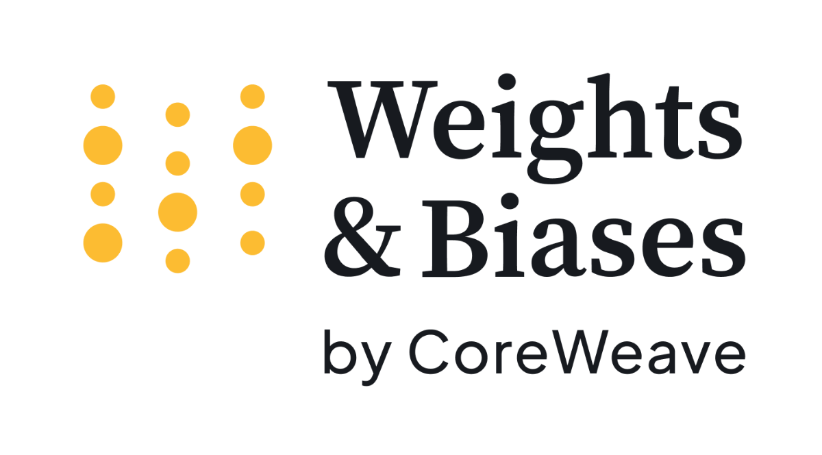 A corporate logo for 'Weights & Biases by CoreWeave,' featuring a dark gray wordmark next to a graphic composed of varying-sized yellow circles arranged in a grid pattern, all set against a black background.