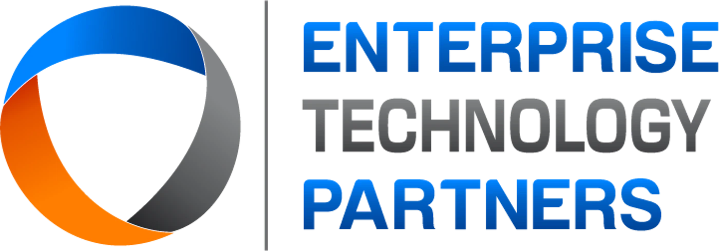 (Logo) A corporate logo featuring an abstract circular graphic composed of three interlocking segments in blue, orange, and dark gray, positioned to the left of the company name 'ENTERPRISE TECHNOLOGY PARTNERS' stacked vertically in a sans-serif font. Text: ENTERPRISE TECHNOLOGY PARTNERS Colors: #0066CC, #FF7F00, #6C757D, #000000 Note: The image clearly displays a distinct graphic element combined with a company name, designed for brand identification and representation, which are the defining characteristics of a logo.