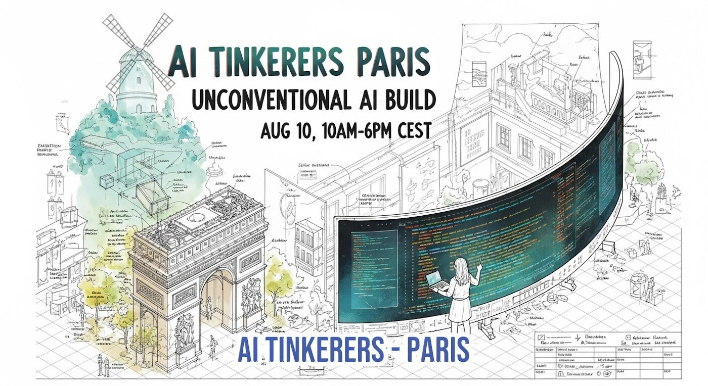 (Banner) A promotional banner for an 'AI Tinkerers Paris' event, featuring a detailed technical illustration that integrates Parisian landmarks like the Arc de Triomphe and a windmill with futuristic elements, including a large, curved screen displaying code. Text: AI TINKERERS PARIS UNCONVENTIONAL AI BUILD AUG 10, 10AM-6PM CEST AI TINKERERS - PARIS [Numerous small blueprint labels and notes] Technical drawing/blueprint, illustrative, modern. | Colors: #FFFFFF, #000000, #2F4F4F, #20B2AA Note: The image is a graphic design piece intended to advertise a specific event, featuring large, prominent text overlaid on a complex background illustration, fitting the definition of a promotional banner.
