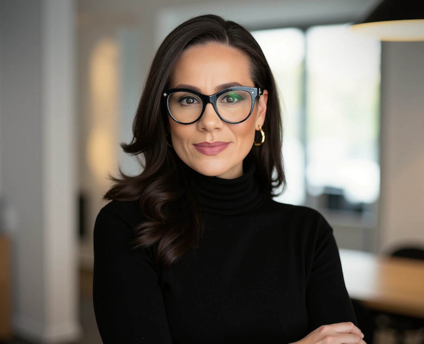 (Photo) A professional headshot of a woman with dark, wavy hair and cat-eye glasses, wearing a black turtleneck, looking directly at the viewer with a subtle smile. The background is an indoor setting, softly blurred. A woman | Indoor, possibly an office or modern living space | She has dark, wavy hair, wears black cat-eye glasses and gold hoop earrings, and is dressed in a black turtleneck. Her expression is pleasant and professional. | Portrait, headshot | Colors: #000000, #332B2B, #D4A99B, #B8A070, #E0E0E0 Note: The image is a realistic capture of a person, characterized by photographic elements such as depth of field, natural lighting, and a lifelike representation, distinguishing it from illustrations, logos, or text-based banners.