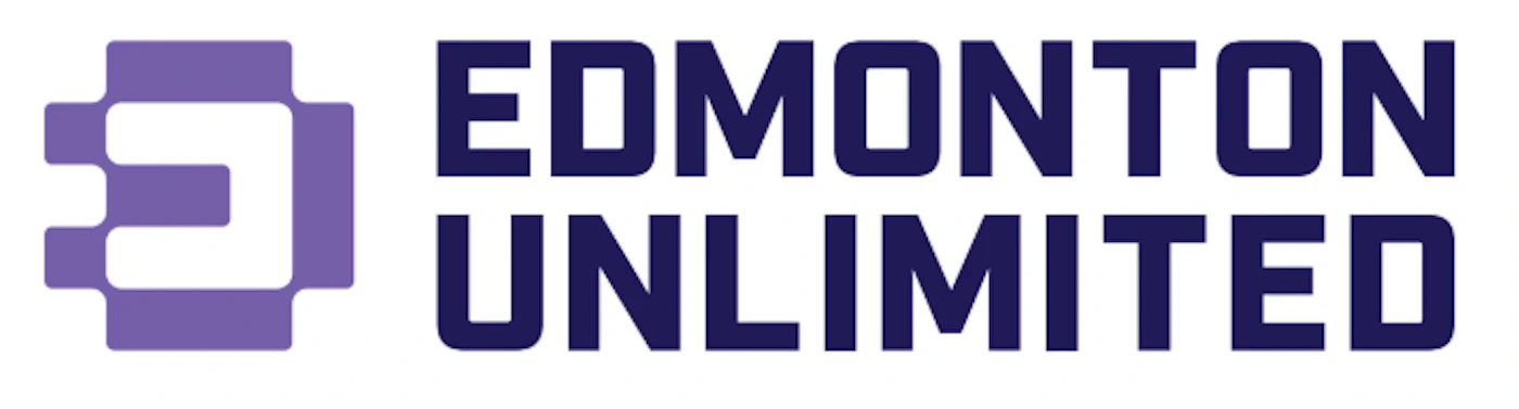 (Logo) A corporate logo featuring an abstract geometric symbol in purple positioned to the left of the organization's name, 'EDMONTON UNLIMITED,' set in bold, dark blue capital letters. Text: EDMONTON UNLIMITED Colors: #4c3a8b, #1c244c, #ffffff Note: This image combines a distinct graphic element (icon) with a stylized wordmark, designed specifically to represent a brand or organization, fitting the definition of a logo.