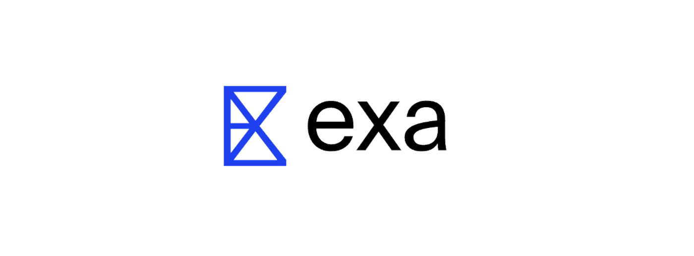 (Logo) A logo featuring a stylized blue geometric symbol and the word 'exa' in a minimalist font, set against a solid black background. Text: exa Colors: #0000FF Note: The image clearly presents a distinct graphic mark combined with a stylized wordmark, designed to represent a brand or entity, which is the definition of a logo.