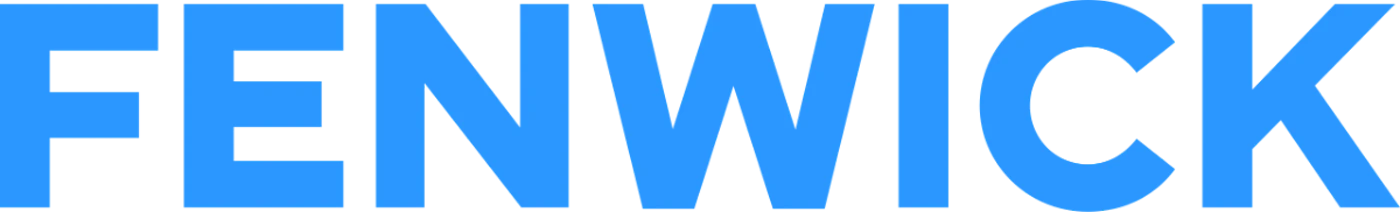 (Logo) A wordmark logo displaying the name "FENWICK" in large, bold, bright blue capital letters against a solid black background. Text: FENWICK Colors: #0099ff, #000000 Note: The image consists solely of a highly stylized, large-scale representation of a single word, functioning as a typographic brand identifier (a wordmark).