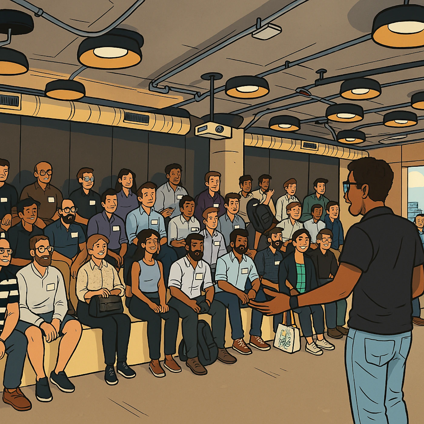 (Illustration) The image shows an illustration of a presentation or lecture setting, with a speaker addressing an audience in a room with multiple lights and a projector. flat | Colors: #F5DEB3, #232323, #ADD8E6 Note: The image is a stylized drawing or cartoon, not a photograph, handwriting, banner, or logo. It depicts a scene with people and objects in a simplified, illustrative manner.