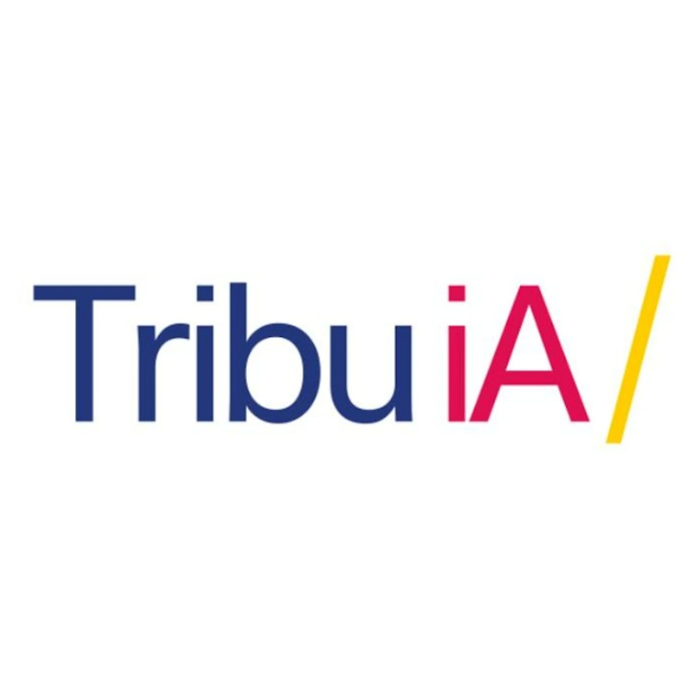 (Logo) A minimalist logo featuring the text 'TribuiA/' on a solid white background. The word 'Tribu' is in dark blue, 'iA' is in pink, and the forward slash '/' is in yellow. Text: TribuiA/ Colors: #21419B, #E63378, #FFD700, #FFFFFF Note: The image displays a stylized wordmark with distinct color segmentation and a simple design, which is characteristic of a brand identity or company logo.