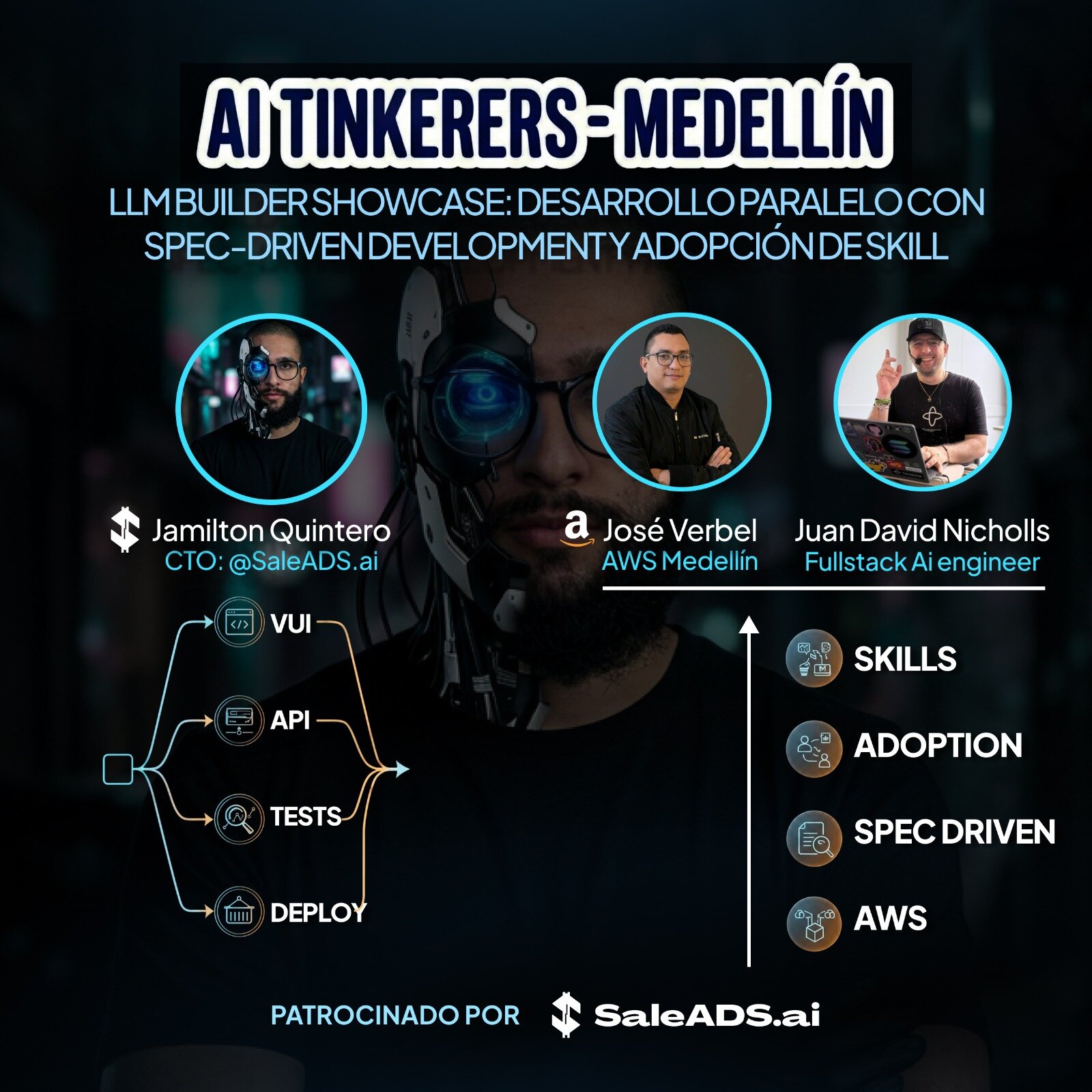 A promotional banner for an AI event in Medellín featuring three speakers and technical diagrams against a dark, tech-themed background.. Text: AI TINKERERS-MEDELLÍN
LLM BUILDER SHOWCASE: DESARROLLO PARALELO CON SPEC-DRIVEN DEVELOPMENT Y ADOPCIÓN DE SKILL
Jamilton Quintero CTO: @SaleADS.ai
José Verbel AWS Medellín
Juan David Nicholls Fullstack Ai engineer
VUI
API
TESTS
DEPLOY
SKILLS
ADOPTION
SPEC DRIVEN
AWS
PATROCINADO POR SaleADS.ai