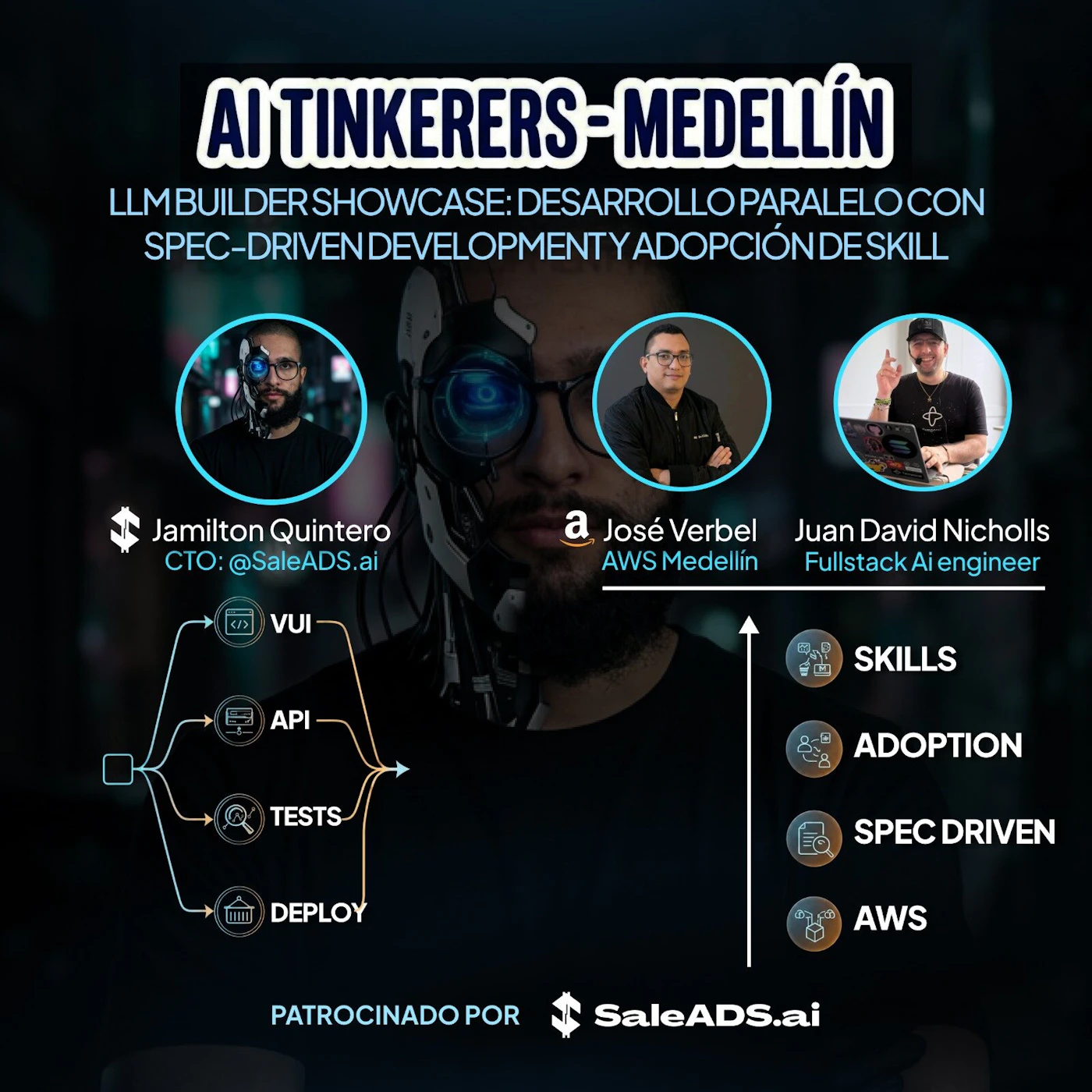 (Banner) A promotional banner for an AI event in Medellín featuring three speakers and technical diagrams against a dark, tech-themed background. Text: AI TINKERERS-MEDELLÍN LLM BUILDER SHOWCASE: DESARROLLO PARALELO CON SPEC-DRIVEN DEVELOPMENT Y ADOPCIÓN DE SKILL Jamilton Quintero CTO: @SaleADS.ai José Verbel AWS Medellín Juan David Nicholls Fullstack Ai engineer VUI API TESTS DEPLOY SKILLS ADOPTION SPEC DRIVEN AWS PATROCINADO POR SaleADS.ai Modern, high-tech, and dark. | Colors: #000000, #0a1118, #7ed9f3, #ffffff Note: The image is a digital graphic designed to promote a specific event, featuring a structured layout with headlines, speaker information, and logos.