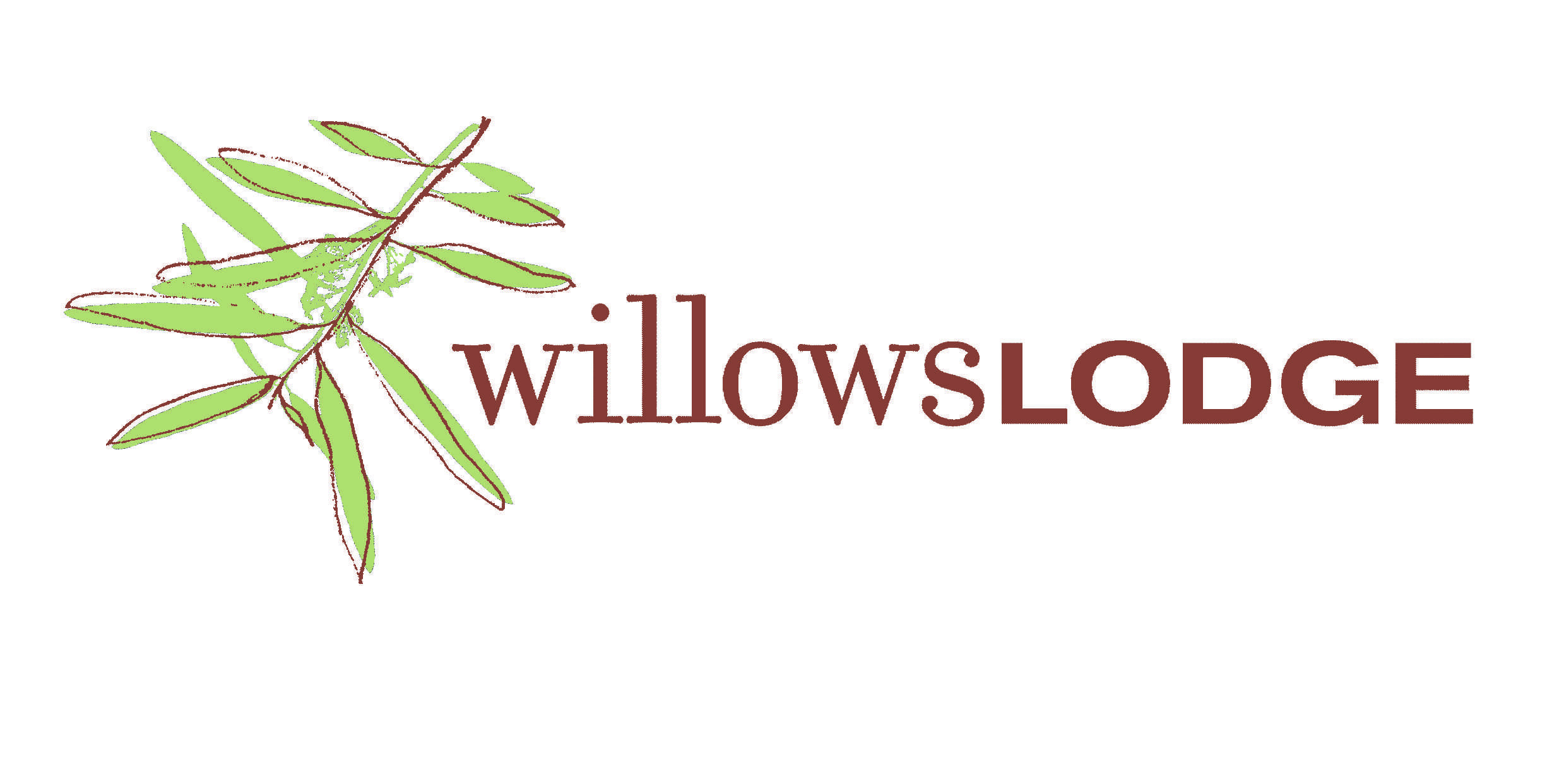 (Logo) A logo for "willowsLODGE" featuring stylized, hand-drawn green and brown branches and leaves positioned to the left of the brand name text. Text: willowsLODGE Colors: #734533, #93a579, #ffffff Note: This image combines a distinct graphic element (the branch) with a stylized brand name, designed specifically for corporate identification, thus classifying it as a logo.