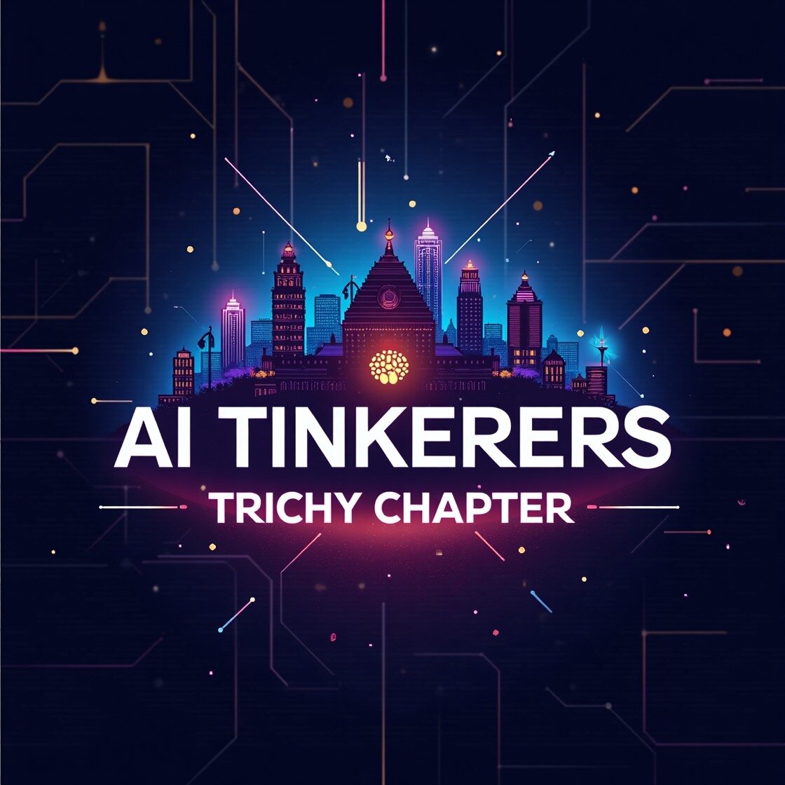 The image features a stylized cityscape at the top with the text "AI TINKERERS" and "TRICHY CHAPTER" below. The background has a dark, tech-inspired design with lines and dots.. Text: AI TINKERERS
TRICHY CHAPTER