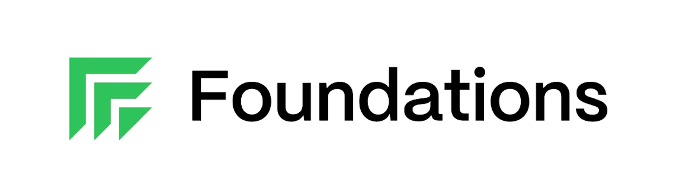 (Logo) The image displays a logo featuring a green abstract symbol composed of angular shapes, positioned to the left of the black text 'Foundations' on a white background. Text: Foundations Colors: #38C154, #000000, #FFFFFF Note: The image clearly presents a distinct graphic mark combined with a brand name, designed for identification and branding purposes, which are defining characteristics of a logo.