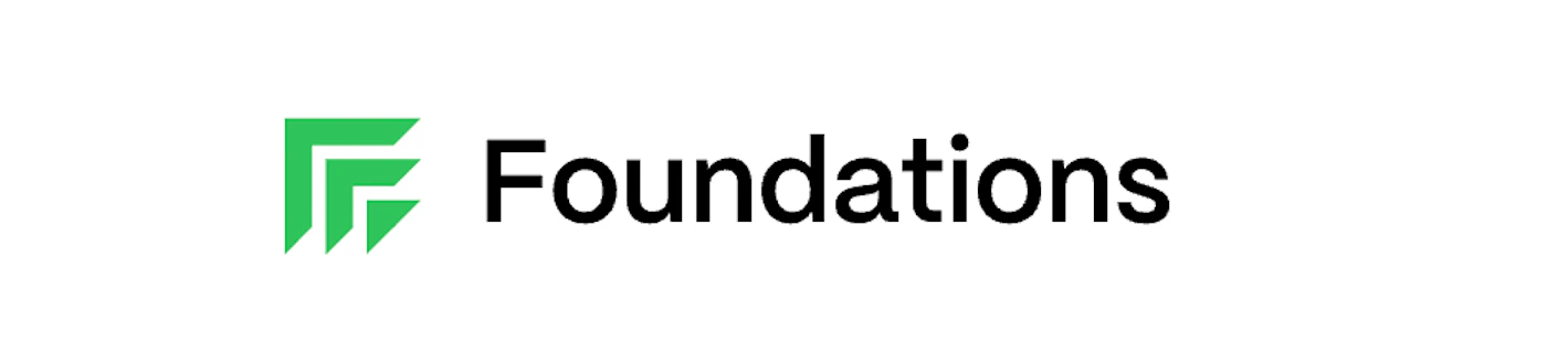 (Logo) The image displays a logo for 'Foundations', featuring a vibrant green stylized graphic resembling an 'F' or upward-pointing chevrons, positioned to the left of the brand name in black text. Text: Foundations Colors: #33CC66, #000000 Note: The image clearly presents a combination of a unique graphic symbol and a company name, which is characteristic of a brand logo designed for identification.
