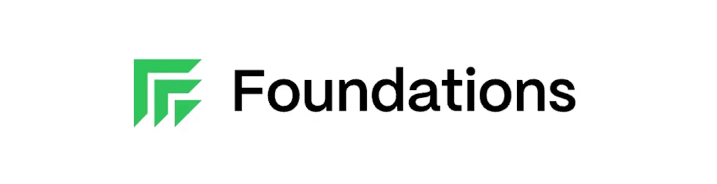 (Logo) A logo featuring an abstract green graphic symbol to the left of the word "Foundations" in black text, all set against a white background. Text: Foundations Colors: #33CC33, #000000, #FFFFFF Note: The image clearly presents a stylized graphic combined with a brand name, which is the primary function and characteristic of a logo designed for brand identification.