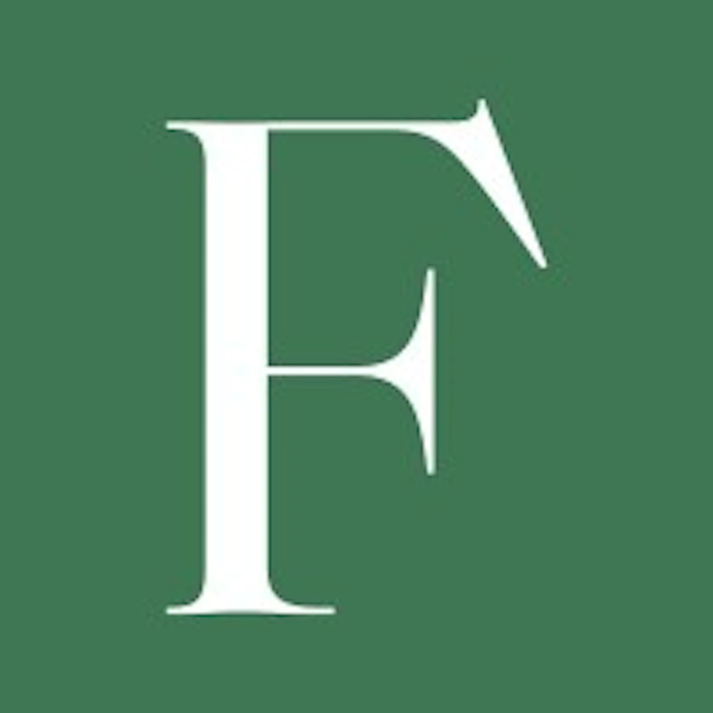 (Logo) A minimalist graphic featuring a capitalized white serif letter 'F' centered against a solid dark green background. Text: F Colors: #FFFFFF, #407540 Note: The image is a simple, stylized graphic featuring a single initial against a solid color background, intended to serve as an icon or brand mark, classifying it as a logo.