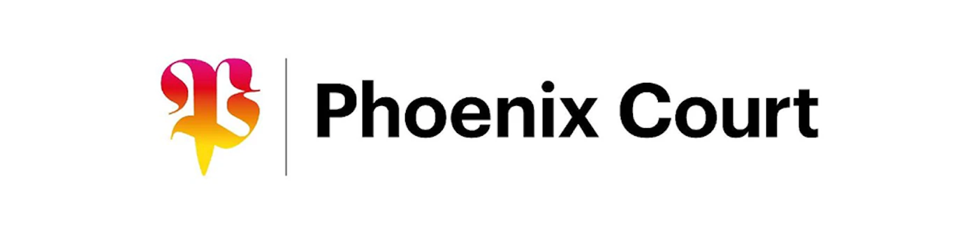 (Logo) A logo featuring an abstract, ornate graphic symbol with a vibrant pink-to-yellow gradient, positioned to the left of the bold black text 'Phoenix Court', all set against a clean white background. Text: Phoenix Court Colors: #E0007E, #FF8C00, #FFD700, #000000, #FFFFFF Note: The image clearly functions as a brand identifier, combining a distinctive graphic mark with a company name, which is the primary characteristic of a logo.