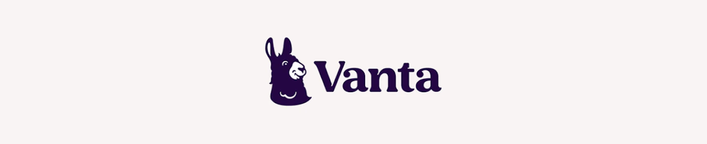 (Logo) A logo featuring a stylized dark purple llama or alpaca head facing left, positioned next to the brand name 'Vanta' in a matching dark purple font. The logo is set against a plain, light off-white background. Text: Vanta Colors: #4A2B6A, #F5F2EF Note: The image clearly presents a graphic symbol combined with a company name, designed for brand identification. This structure and purpose are characteristic of a logo.