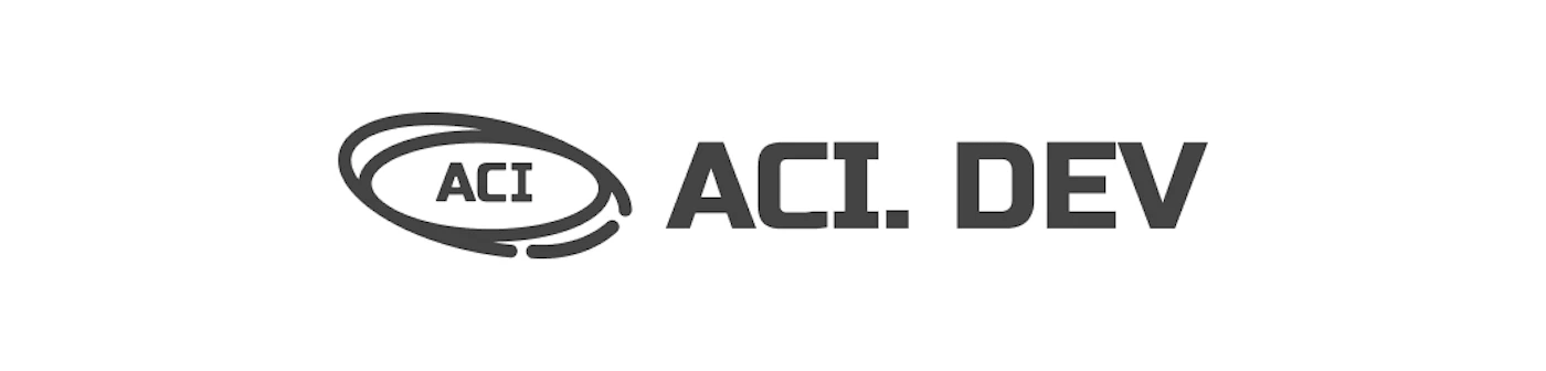 (Logo) A minimalist logo featuring a dark grey stylized graphic of an oval containing the text 'ACI', positioned to the left of the larger text 'ACI. DEV', all set against a white background. Text: ACI ACI. DEV Colors: #4D4D4D Note: The image consists of a distinct graphic symbol combined with a brand name in a stylized font, which is characteristic of a corporate or product logo designed for brand identification.