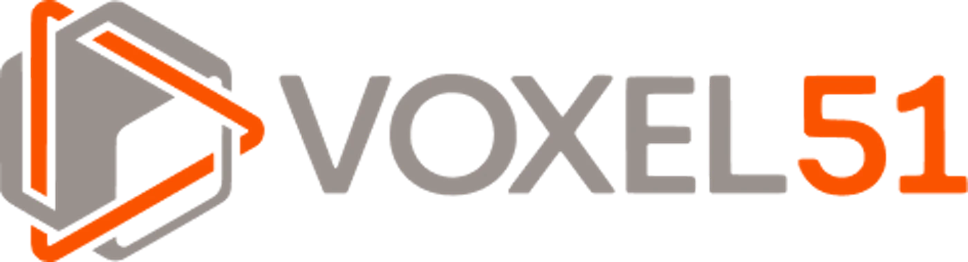 (Logo) A modern logo featuring the text "VOXEL51" alongside an abstract geometric symbol. The symbol consists of a grey hexagonal shape with an orange line intertwined, resembling a stylized cube or a play button icon. Text: VOXEL51 Colors: #757575, #FF6600 Note: The image clearly functions as a brand identifier, combining a unique graphic element with a company name in a stylized manner, which are the defining characteristics of a logo.