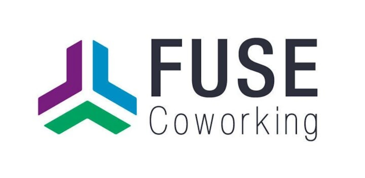 (Logo) A logo for 'FUSE Coworking' featuring a colorful, abstract geometric graphic on the left and the company name and tagline on the right, all set against a white background. Text: FUSE Coworking Colors: #6A2B9A, #009FE3, #00A651, #2E313D, #6D6E71 Note: This image combines a distinct graphic symbol with a company name and tagline, designed for brand identification, which is the primary characteristic of a logo.