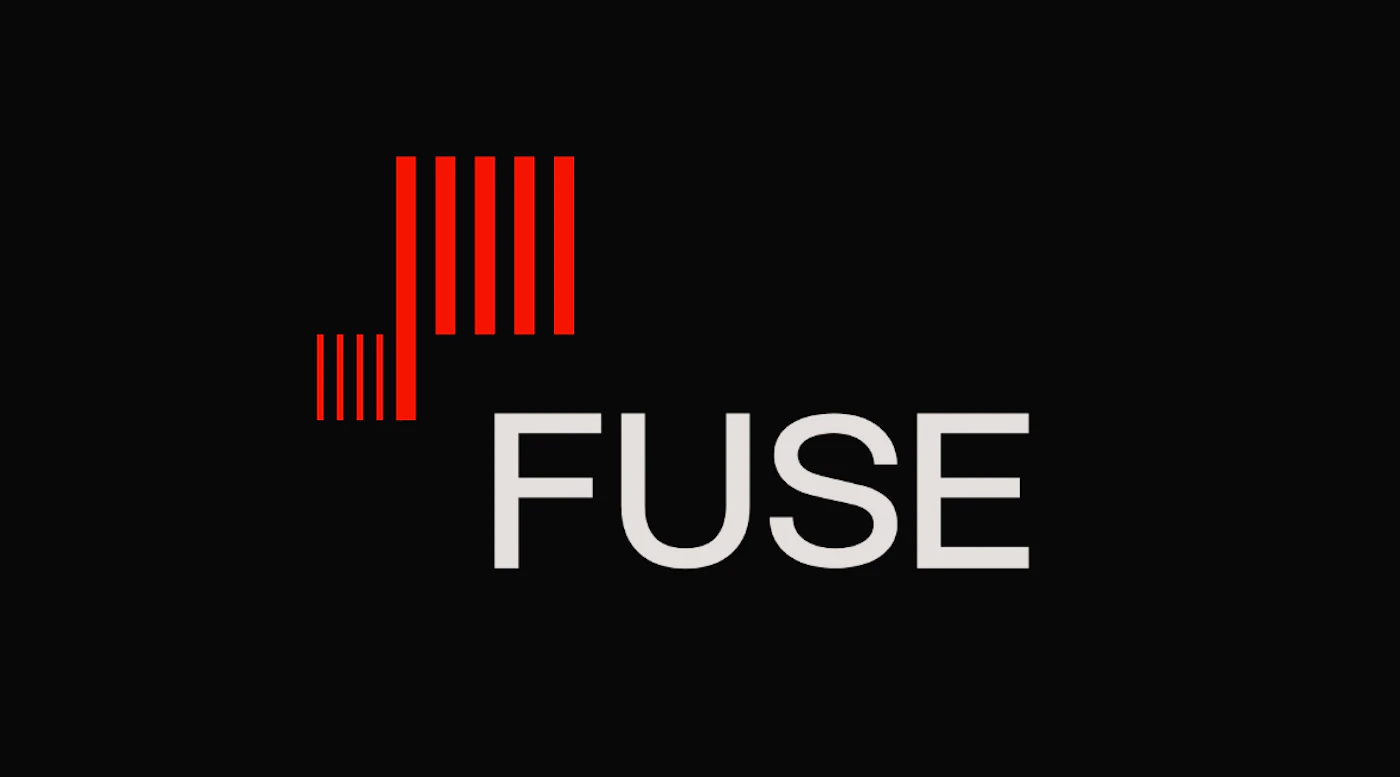 (Logo) A logo featuring the word 'FUSE' in white capital letters positioned to the right of a graphic element composed of red vertical bars of varying heights, all set against a solid black background. Text: FUSE Colors: #000000, #FF0000, #E0E0E0 Note: This image is a brand identifier, combining a stylized wordmark with a distinctive graphic symbol, which are the defining characteristics of a logo.