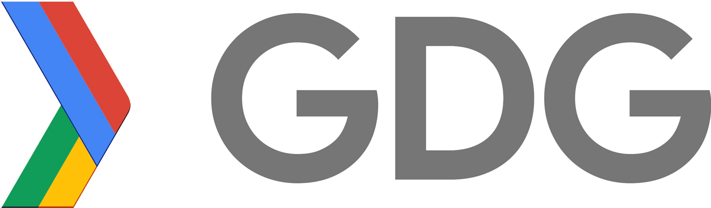 (Logo) A logo featuring a stylized, multicolored chevron graphic on the left and the gray capitalized acronym 'GDG' on the right, set against a white background. Text: GDG Colors: #757575, #DB4437, #4285F4, #0F9D58, #F4B400 Note: This image functions as a complete organizational mark, combining a specific graphic symbol (the chevron) with an acronym (GDG) used for branding purposes.