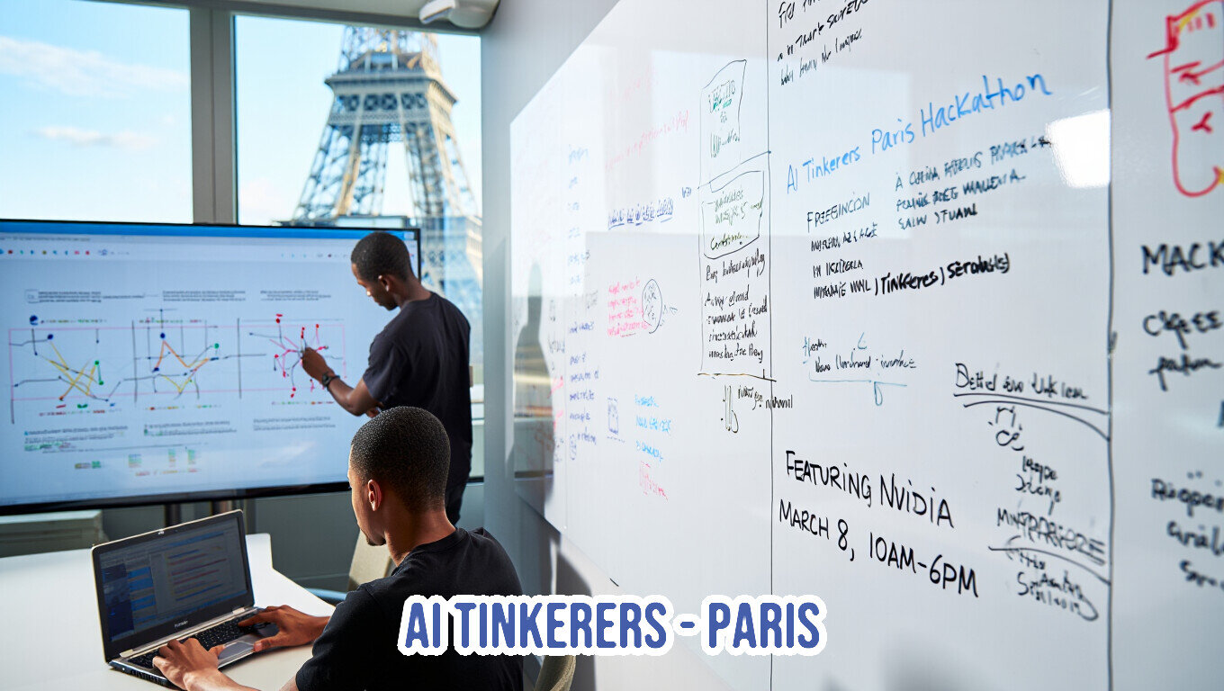Two individuals are working in a modern office with a view of the Eiffel Tower, featuring a large interactive screen and a whiteboard filled with notes for an AI event.. Text: AI Tinkerers Paris Hackathon
FEATURING NVIDIA
MARCH 8, 10AM-6PM
AI TINKERERS - PARIS
FREEECON
MISTRAL AI
HUGGING FACE
SÉQUOIA
TINKERERS
MACK
C&EE