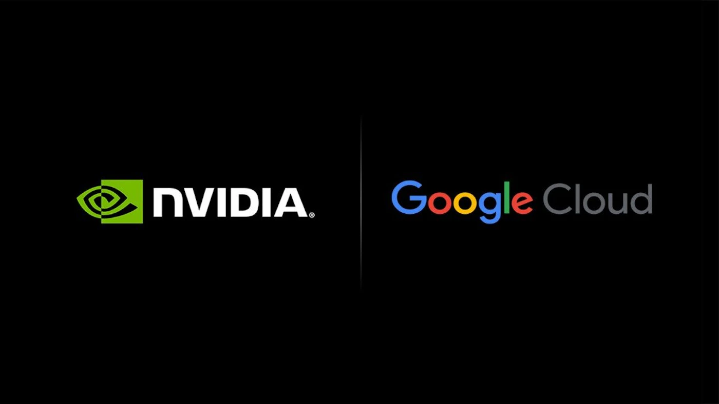 (Logo) The image features the logos of NVIDIA and Google Cloud placed side-by-side on a solid black background, typically used to signify a corporate partnership or collaboration. Text: NVIDIA. Google Cloud Colors: #000000, #FFFFFF, #76B900, #4285F4 Note: The image is a graphic display consisting solely of two distinct, recognizable corporate logos (NVIDIA and Google Cloud) placed together for co-branding purposes.